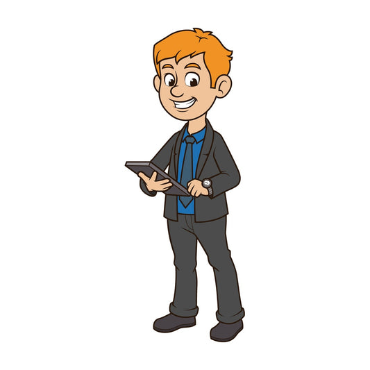 Cartoon business manager holding tablet. PNG - JPG and vector EPS file formats (infinitely scalable). Image isolated on transparent background.