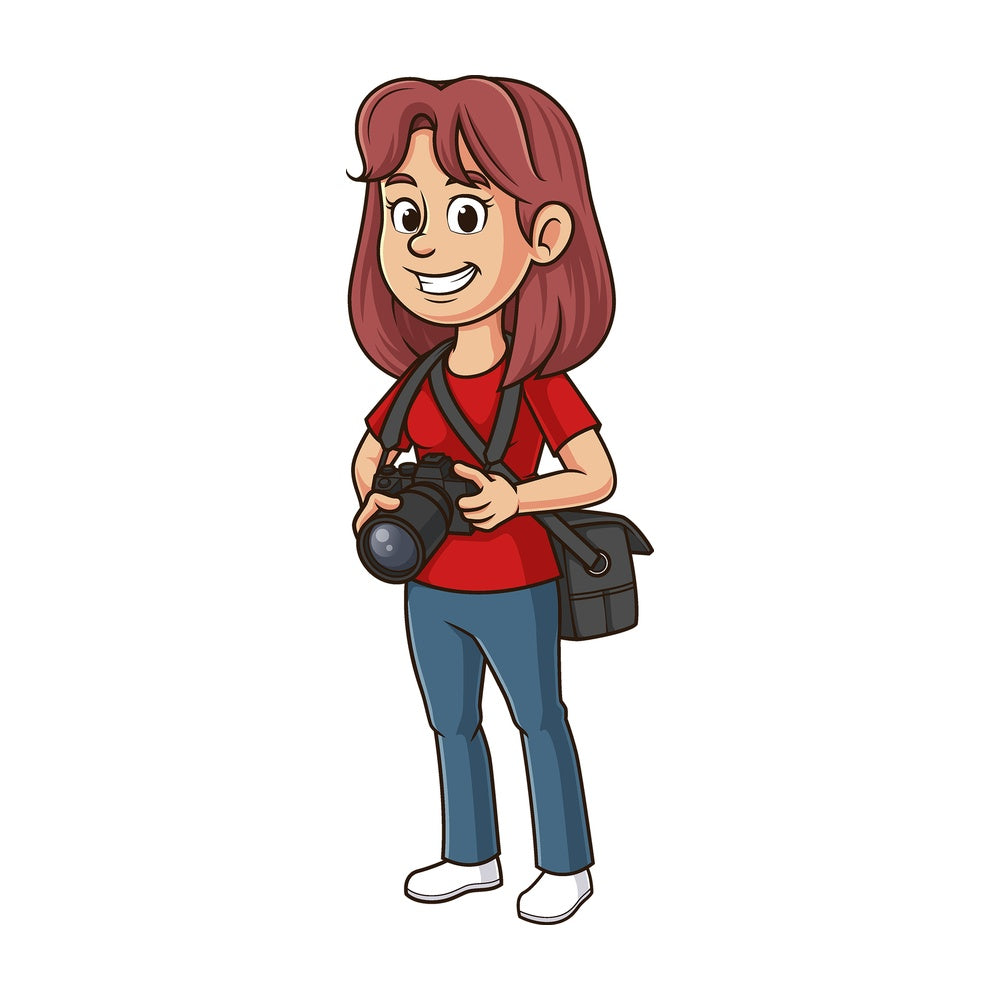 Cartoon photographer with camera. PNG - JPG and vector EPS file formats (infinitely scalable). Image isolated on transparent background.