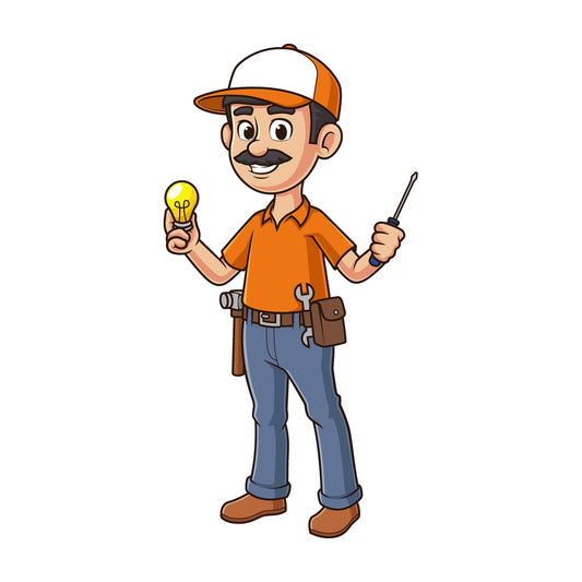 Cartoon electrician holding light bulb. PNG - JPG and vector EPS file formats (infinitely scalable). Image isolated on transparent background.