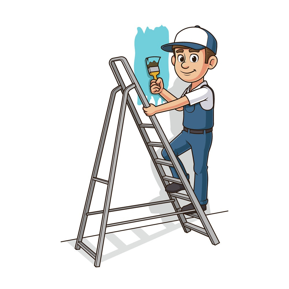 Cartoon house painter on stairs. PNG - JPG and vector EPS file formats (infinitely scalable). Image isolated on transparent background.