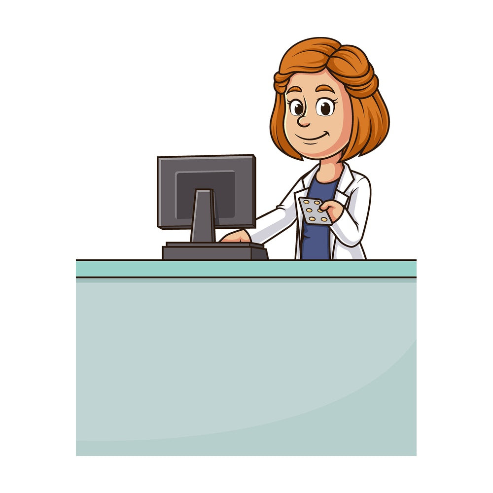 Cartoon pharmacist handing over medicine. PNG - JPG and vector EPS file formats (infinitely scalable). Image isolated on transparent background.