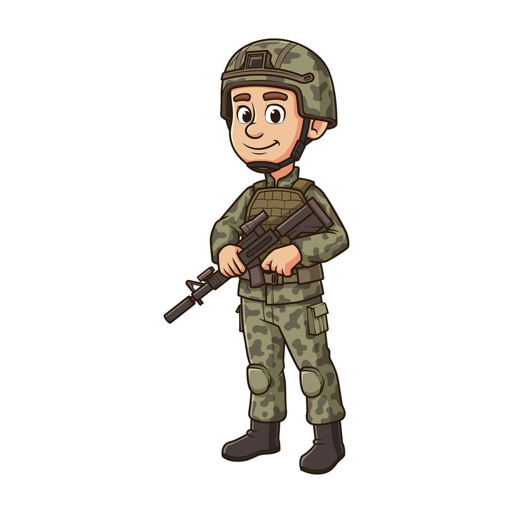 Cartoon soldier with assault rifle. PNG - JPG and vector EPS file formats (infinitely scalable). Image isolated on transparent background.
