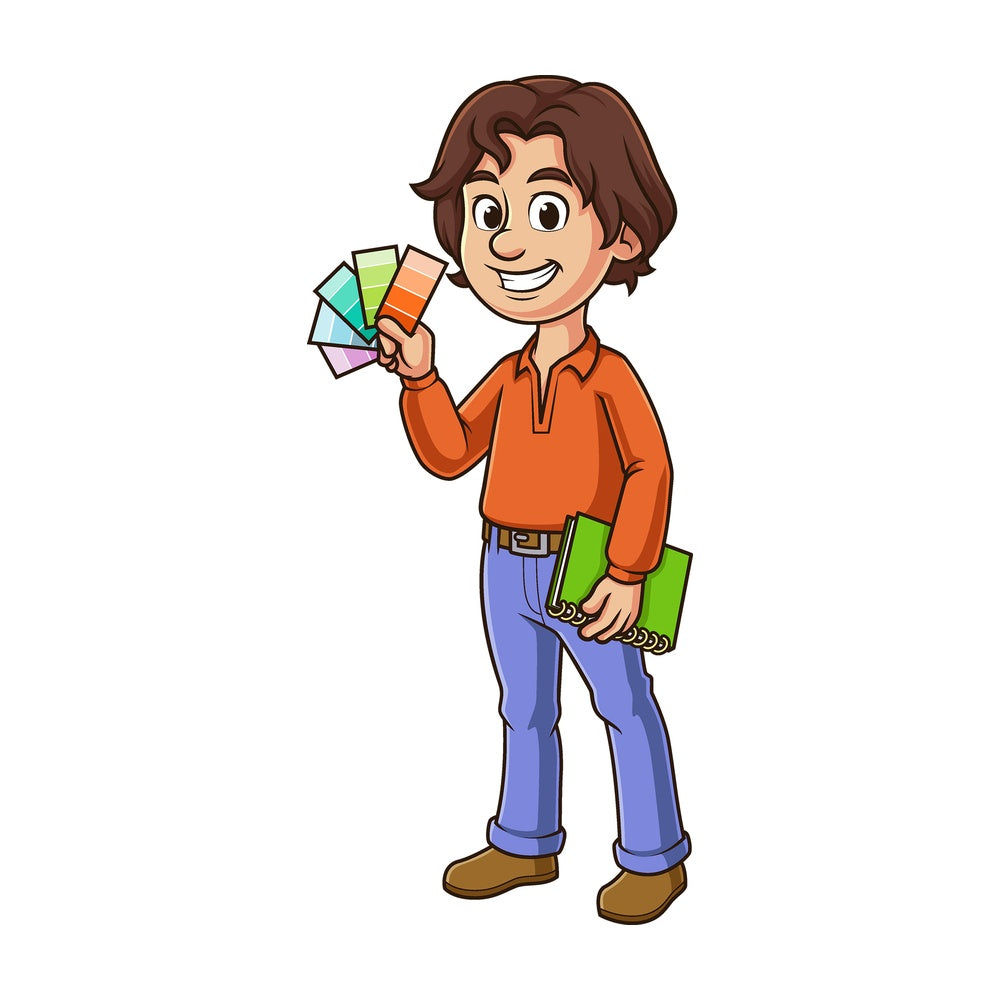 Cartoon designer holding color decks. PNG - JPG and vector EPS file formats (infinitely scalable). Image isolated on transparent background.