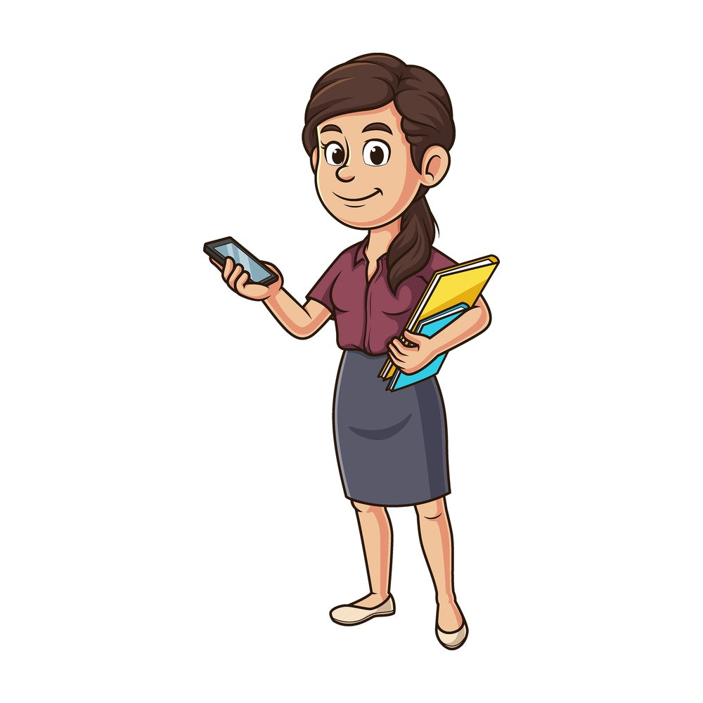 Cartoon secretary holding phone. PNG - JPG and vector EPS file formats (infinitely scalable). Image isolated on transparent background.