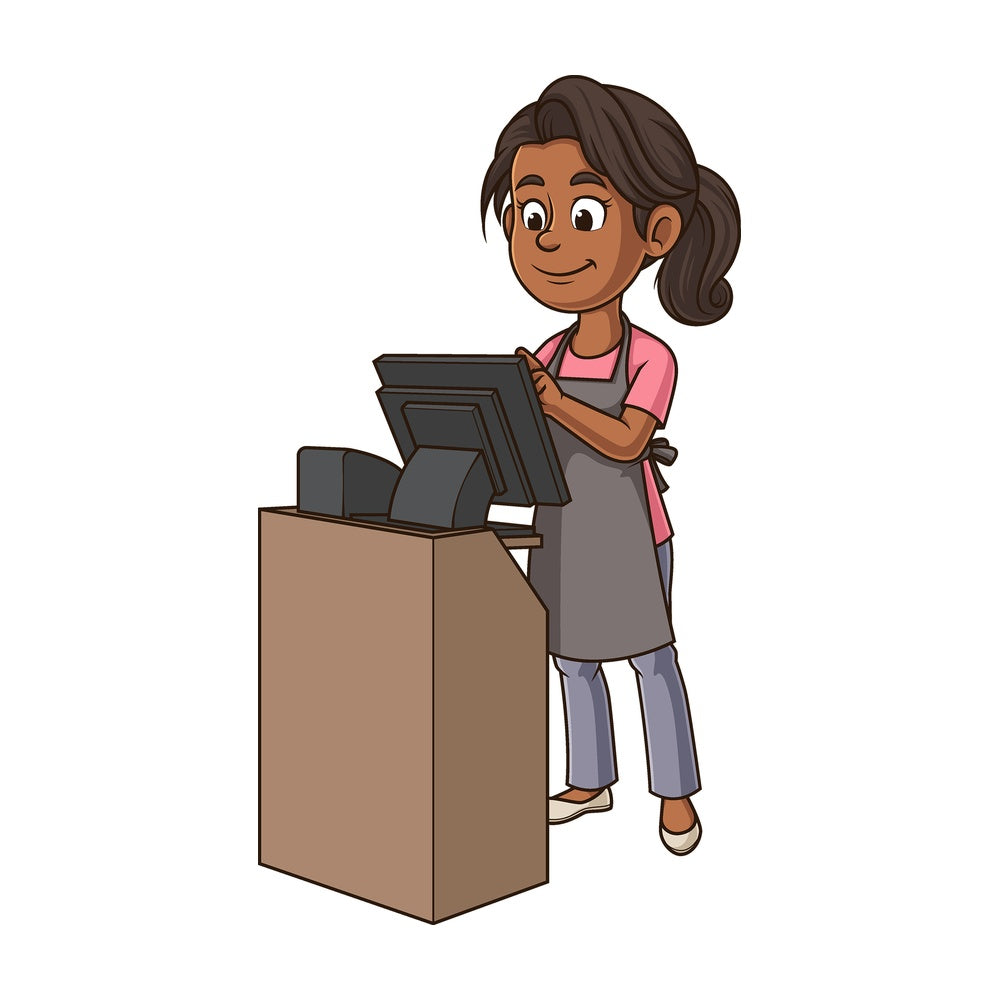 Cartoon female cashier. PNG - JPG and vector EPS file formats (infinitely scalable). Image isolated on transparent background.