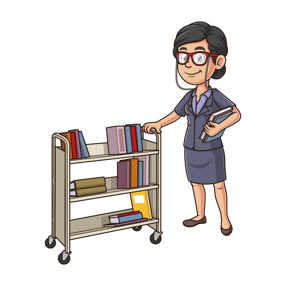 Cartoon librarian sorting books. PNG - JPG and vector EPS file formats (infinitely scalable). Image isolated on transparent background.