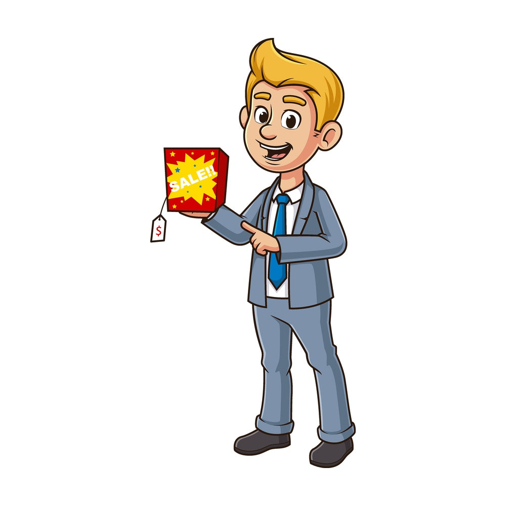 Cartoon salesman selling. PNG - JPG and vector EPS file formats (infinitely scalable). Image isolated on transparent background.
