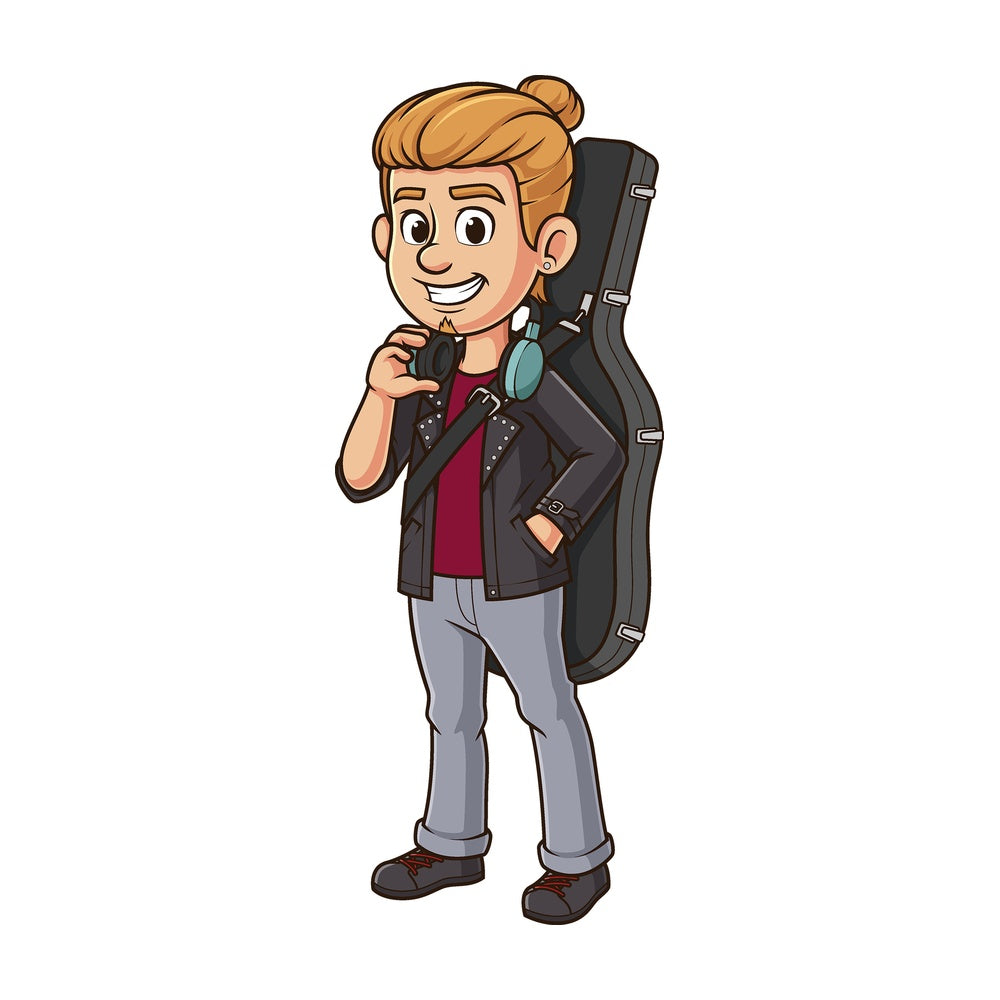 Cartoon musician carrying guitar. PNG - JPG and vector EPS file formats (infinitely scalable). Image isolated on transparent background.