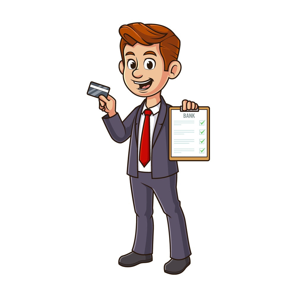 Cartoon banker holding credit card. PNG - JPG and vector EPS file formats (infinitely scalable). Image isolated on transparent background.