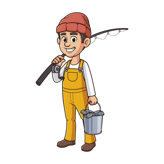 Cartoon fisherman with fishing rod. PNG - JPG and vector EPS file formats (infinitely scalable). Image isolated on transparent background.