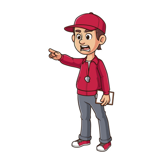 Cartoon coach pointing and yelling. PNG - JPG and vector EPS file formats (infinitely scalable). Image isolated on transparent background.