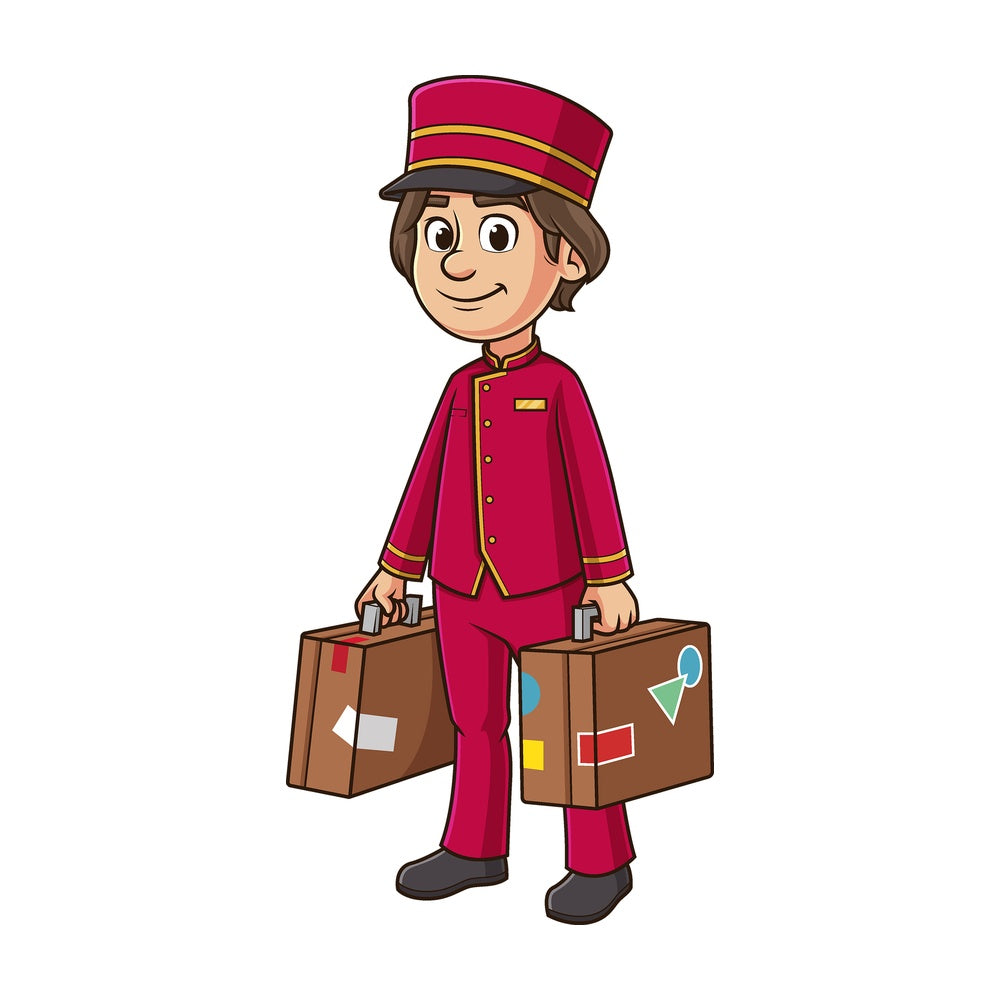 Cartoon bellboy carrying suitcases. PNG - JPG and vector EPS file formats (infinitely scalable). Image isolated on transparent background.