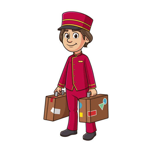 Cartoon bellboy carrying suitcases. PNG - JPG and vector EPS file formats (infinitely scalable). Image isolated on transparent background.