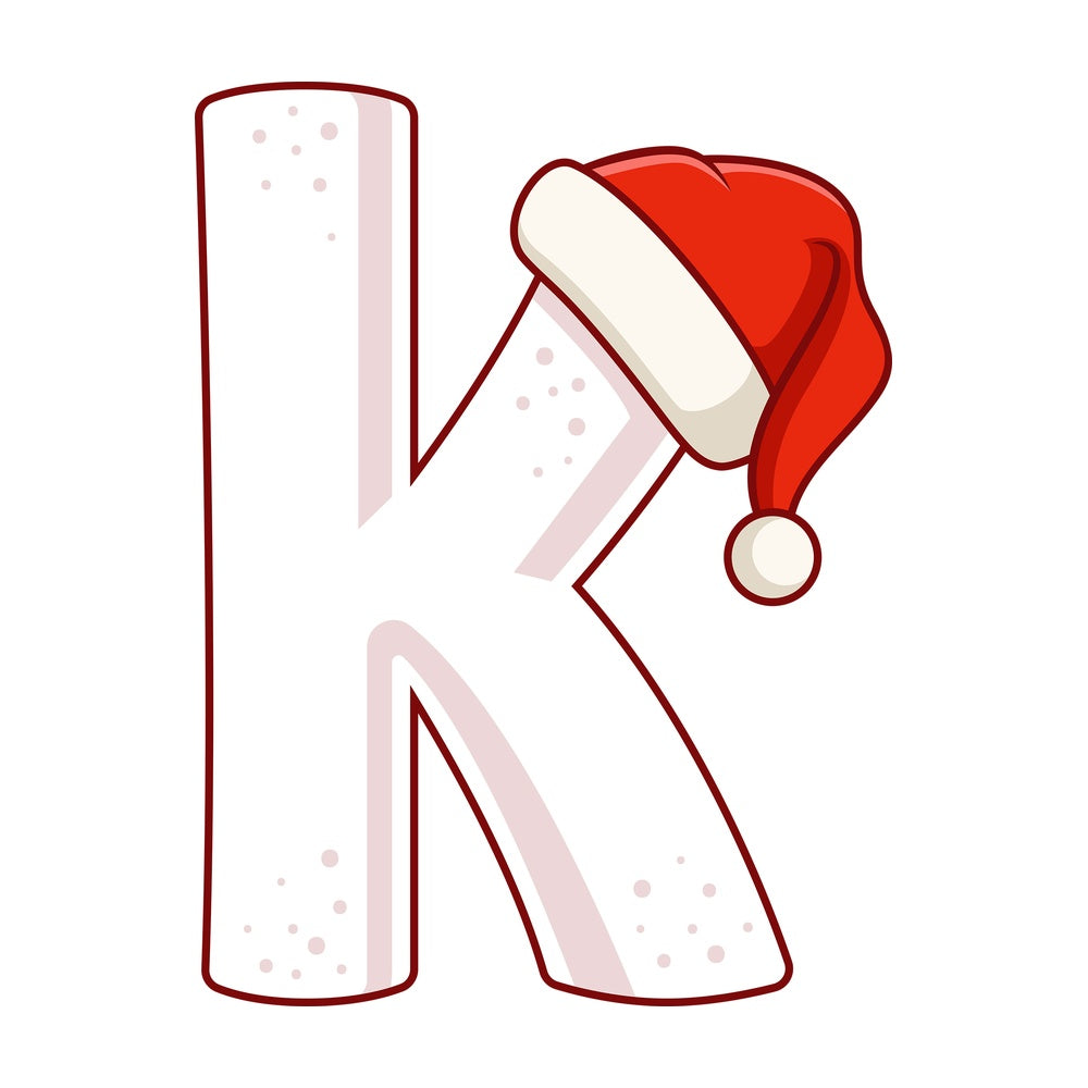 Cartoon christmas lowercase letter k. PNG - JPG and vector EPS file formats (infinitely scalable). Image isolated on transparent background.