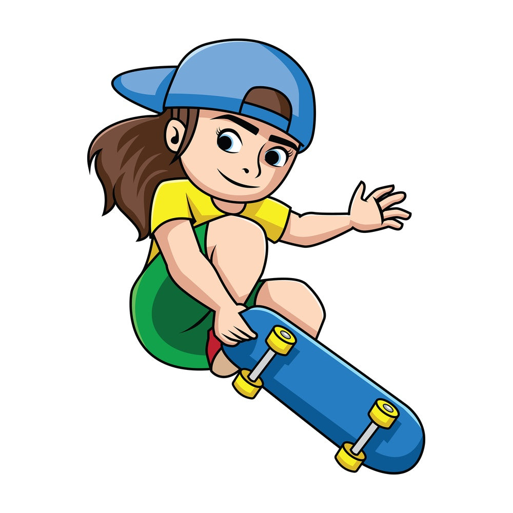 Skateboarding girl doing trick. PNG - JPG and vector EPS file formats (infinitely scalable). Image isolated on transparent background.