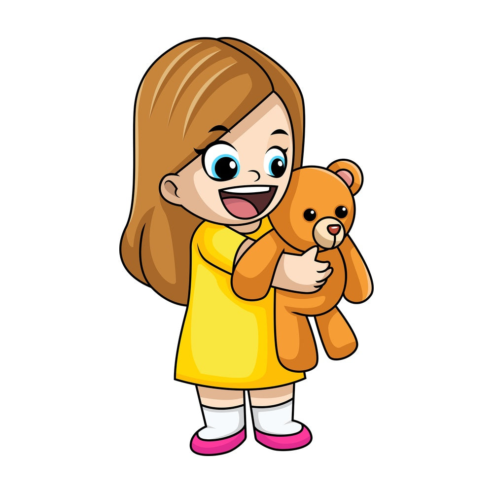Happy girl holding teddy bear. PNG - JPG and vector EPS file formats (infinitely scalable). Image isolated on transparent background.