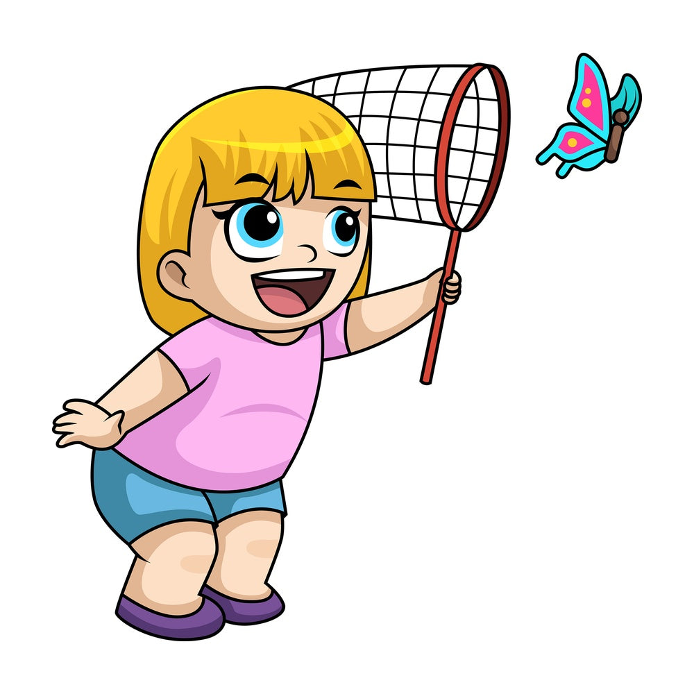 Happy girl chasing butterfly. PNG - JPG and vector EPS file formats (infinitely scalable). Image isolated on transparent background.
