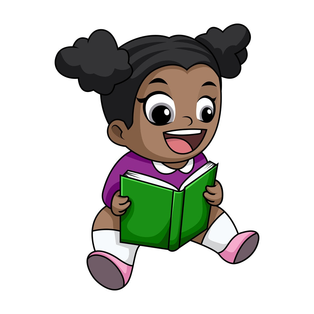 Happy black girl reading book. PNG - JPG and vector EPS file formats (infinitely scalable). Image isolated on transparent background.