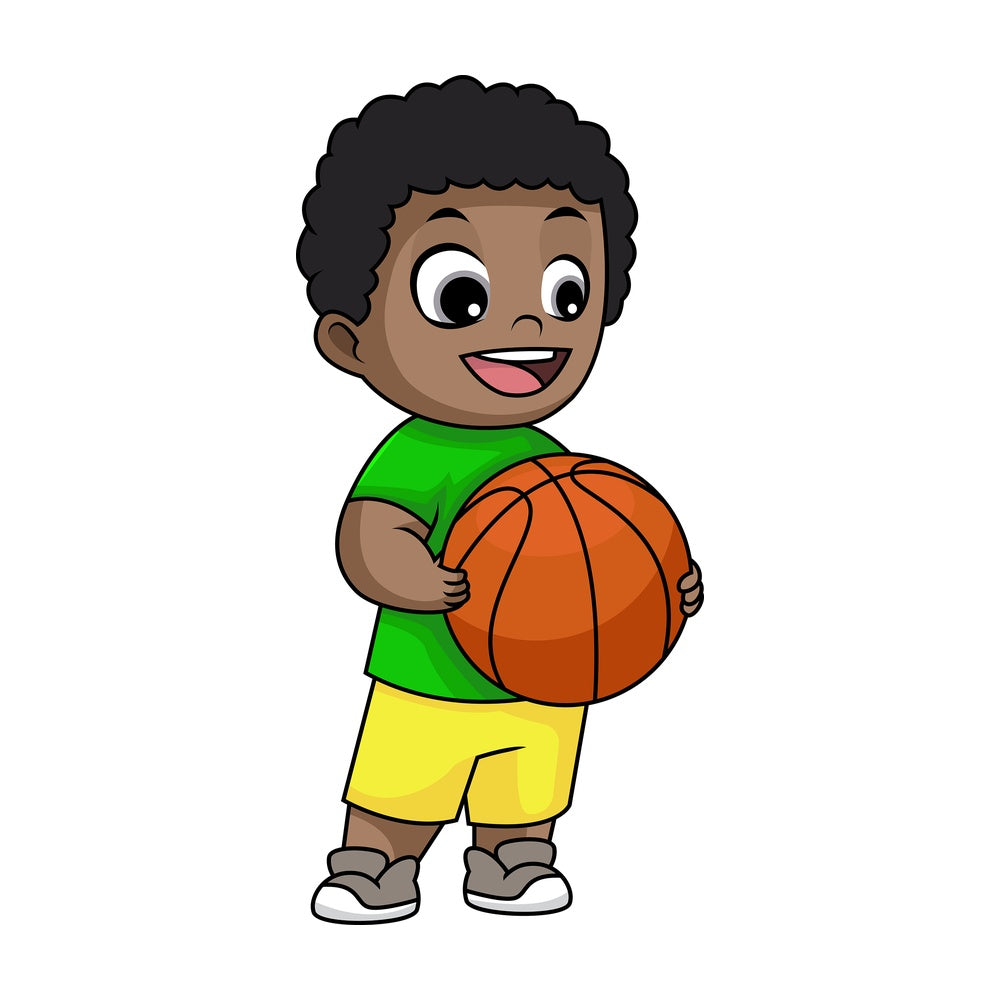 Happy black boy holding basketball. PNG - JPG and vector EPS file formats (infinitely scalable). Image isolated on transparent background.