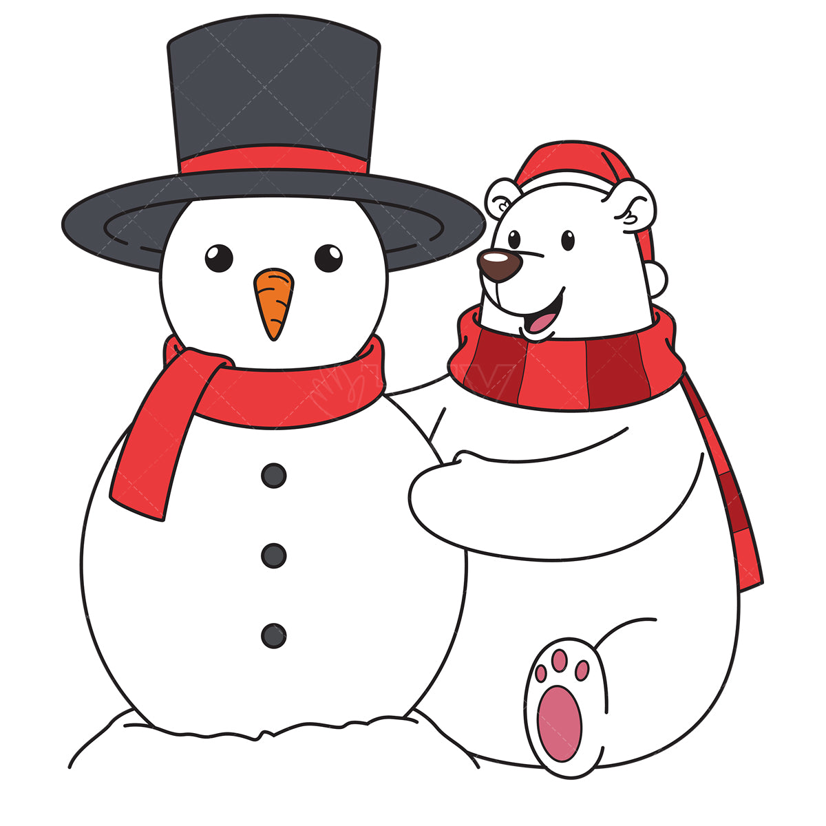 Royalty-free vector illustration of a christmas polar bear building snowman.