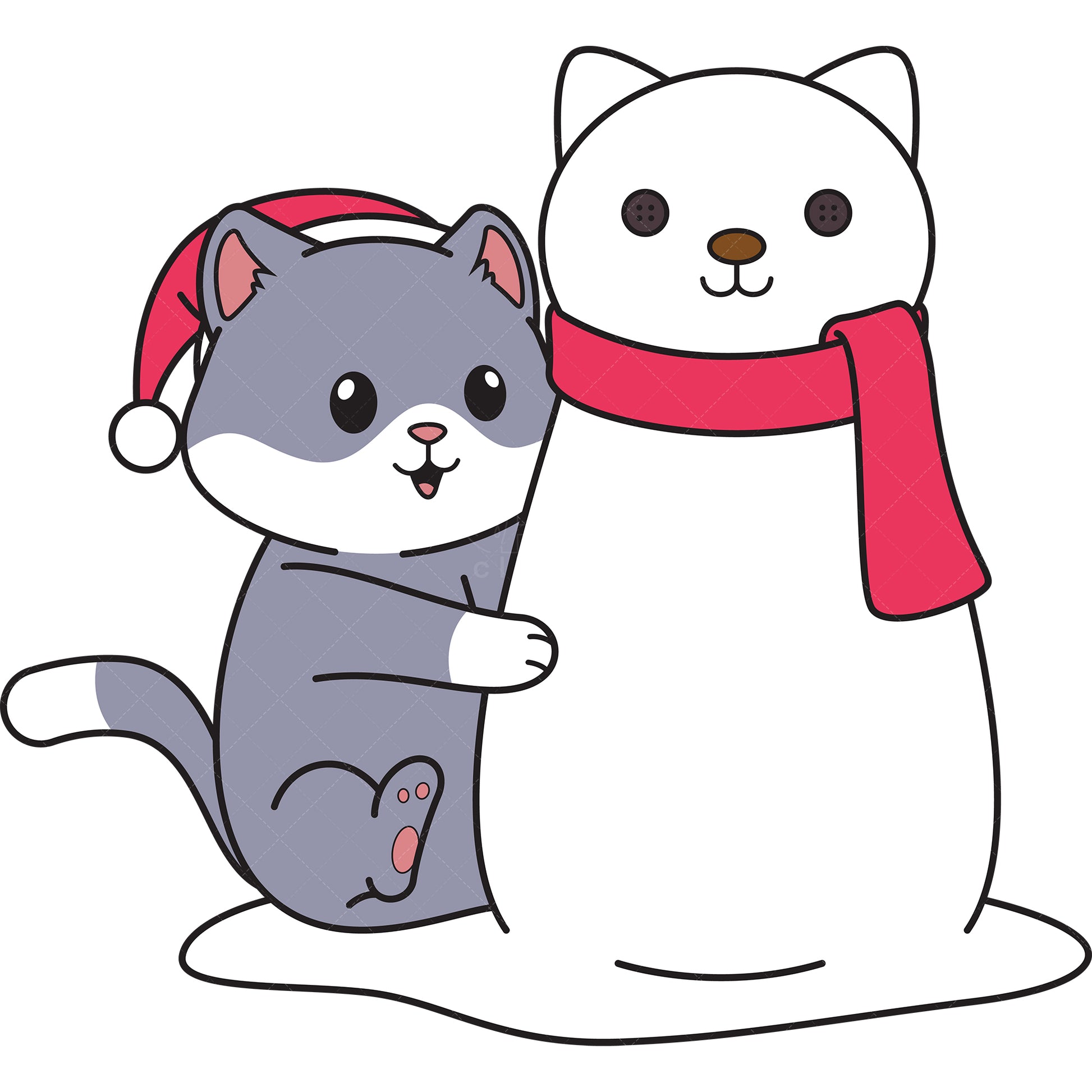 Royalty-free vector illustration of a cute cat building a snowman.