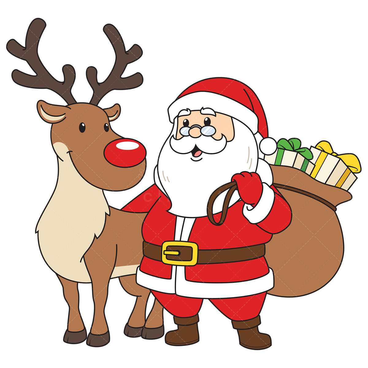 Royalty-free vector illustration of a santa claus next to reindeer.