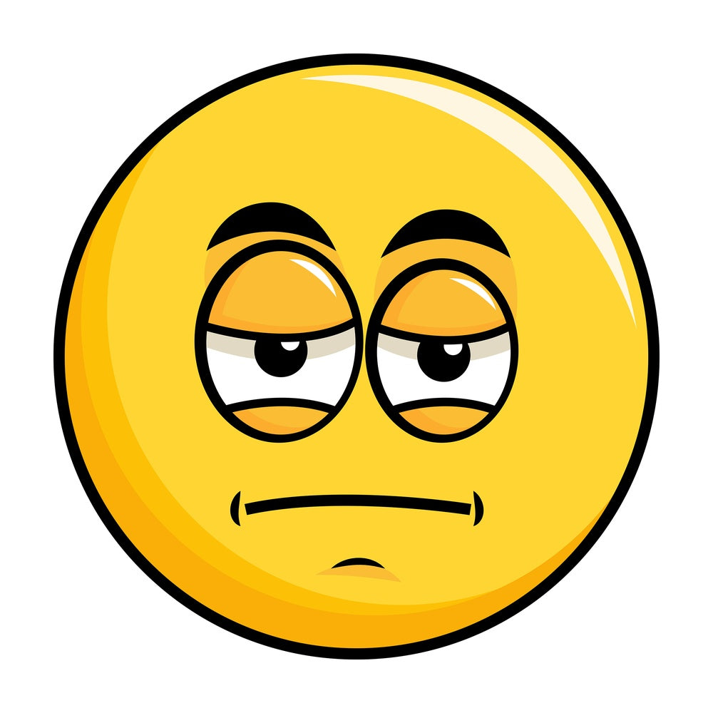 Heavy eyes yellow smiley emoticon. PNG - JPG and vector EPS file formats (infinitely scalable). Image isolated on transparent background.