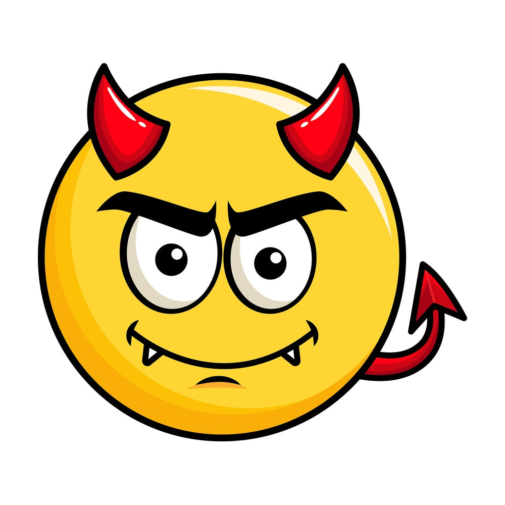 Crafty devil yellow smiley emoticon. PNG - JPG and vector EPS file formats (infinitely scalable). Image isolated on transparent background.
