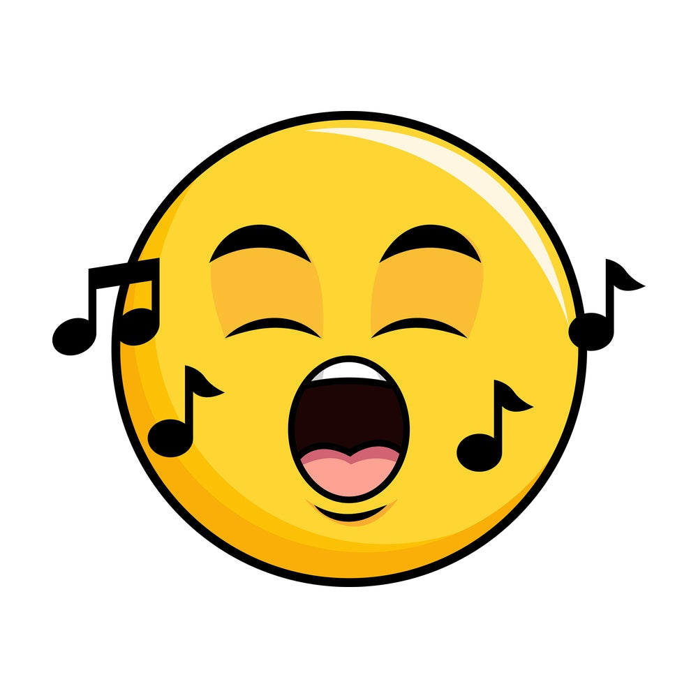 Singing yellow smiley emoticon. PNG - JPG and vector EPS file formats (infinitely scalable). Image isolated on transparent background.