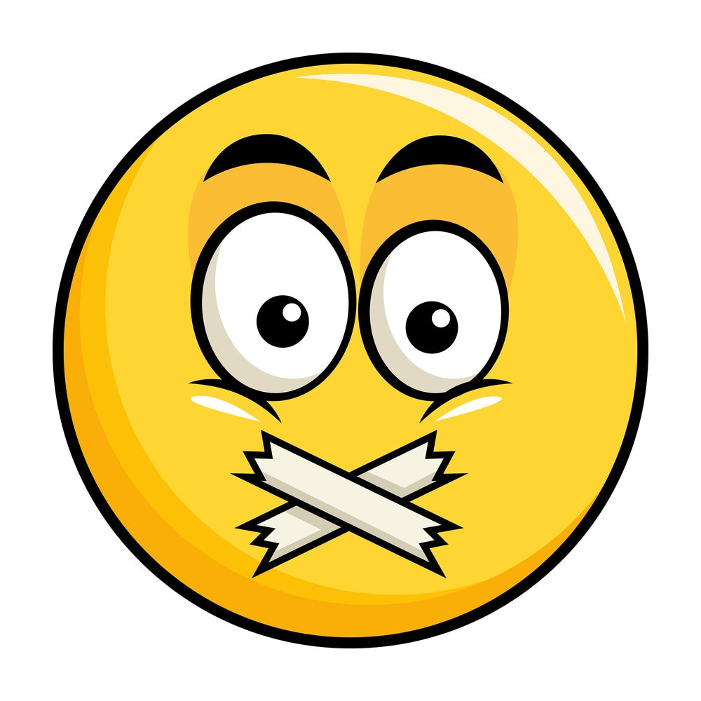 Taped mouth yellow smiley emoticon. PNG - JPG and vector EPS file formats (infinitely scalable). Image isolated on transparent background.
