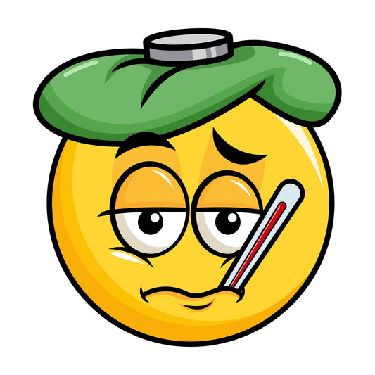 Feverish sick yellow smiley emoticon. PNG - JPG and vector EPS file formats (infinitely scalable). Image isolated on transparent background.