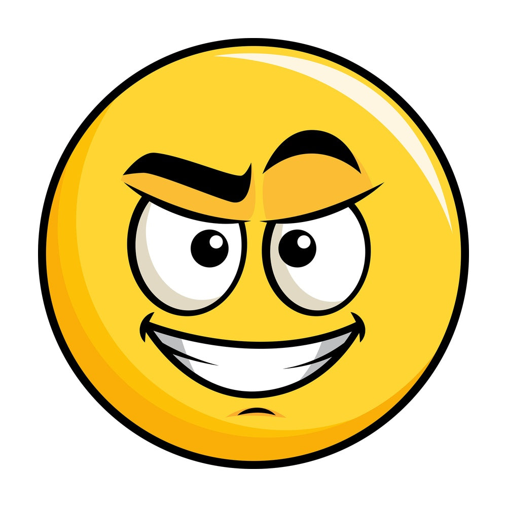 Cunning evil face yellow smiley emoticon. PNG - JPG and vector EPS file formats (infinitely scalable). Image isolated on transparent background.