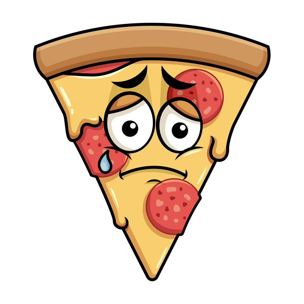 Teared up sad pizza emoticon. PNG - JPG and vector EPS file formats (infinitely scalable). Image isolated on transparent background.