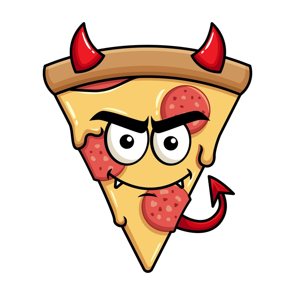 Crafty devil pizza emoticon. PNG - JPG and vector EPS file formats (infinitely scalable). Image isolated on transparent background.