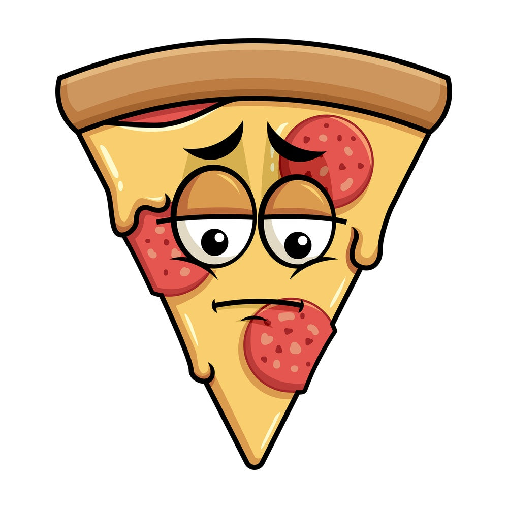 Depressed pizza emoticon. PNG - JPG and vector EPS file formats (infinitely scalable). Image isolated on transparent background.