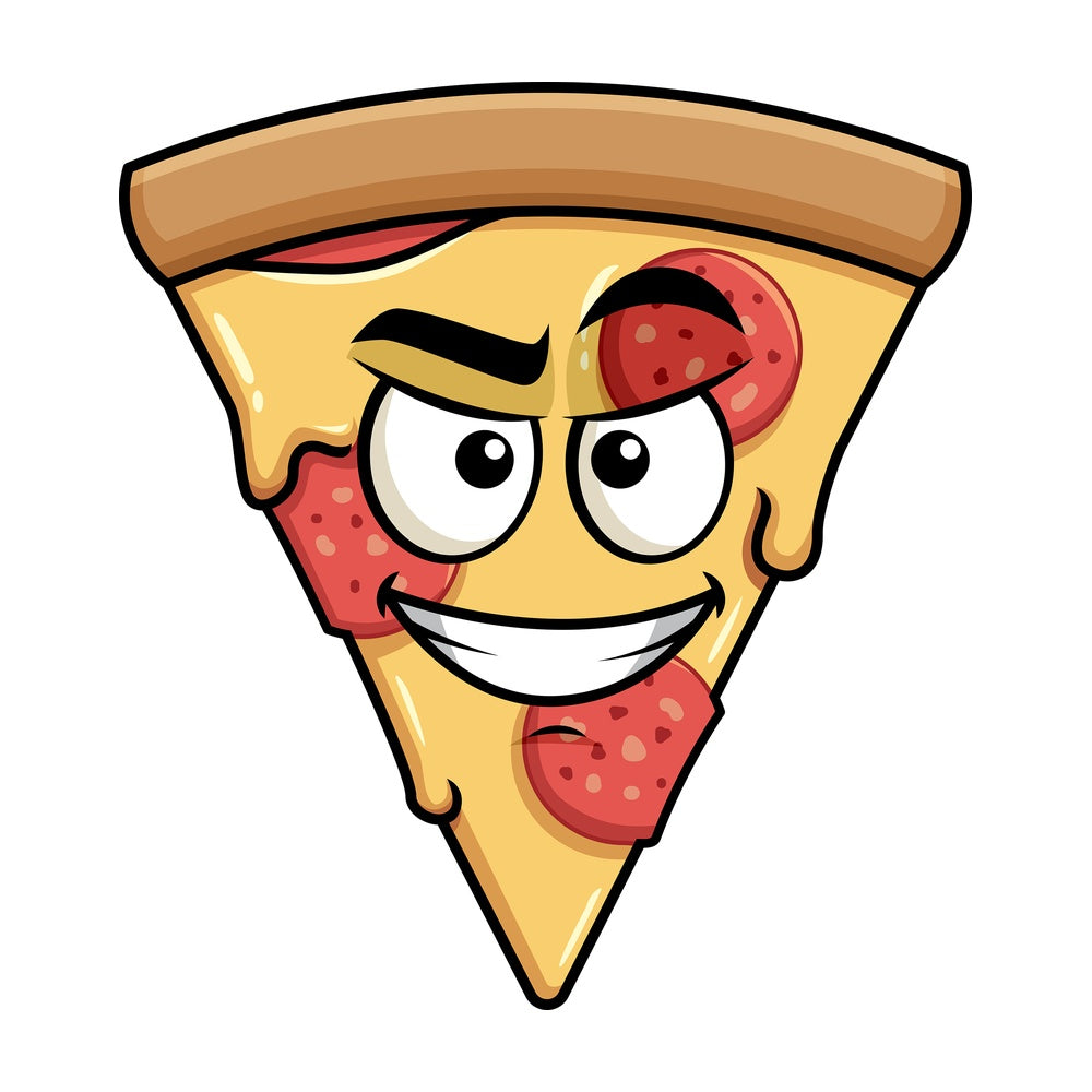 Cunning evil face pizza emoticon. PNG - JPG and vector EPS file formats (infinitely scalable). Image isolated on transparent background.