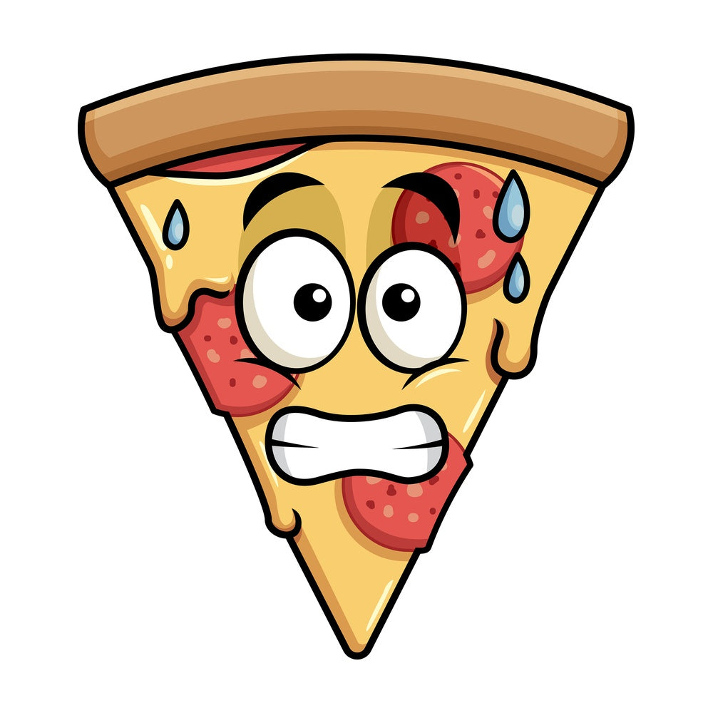 Sweating pizza emoticon. PNG - JPG and vector EPS file formats (infinitely scalable). Image isolated on transparent background.