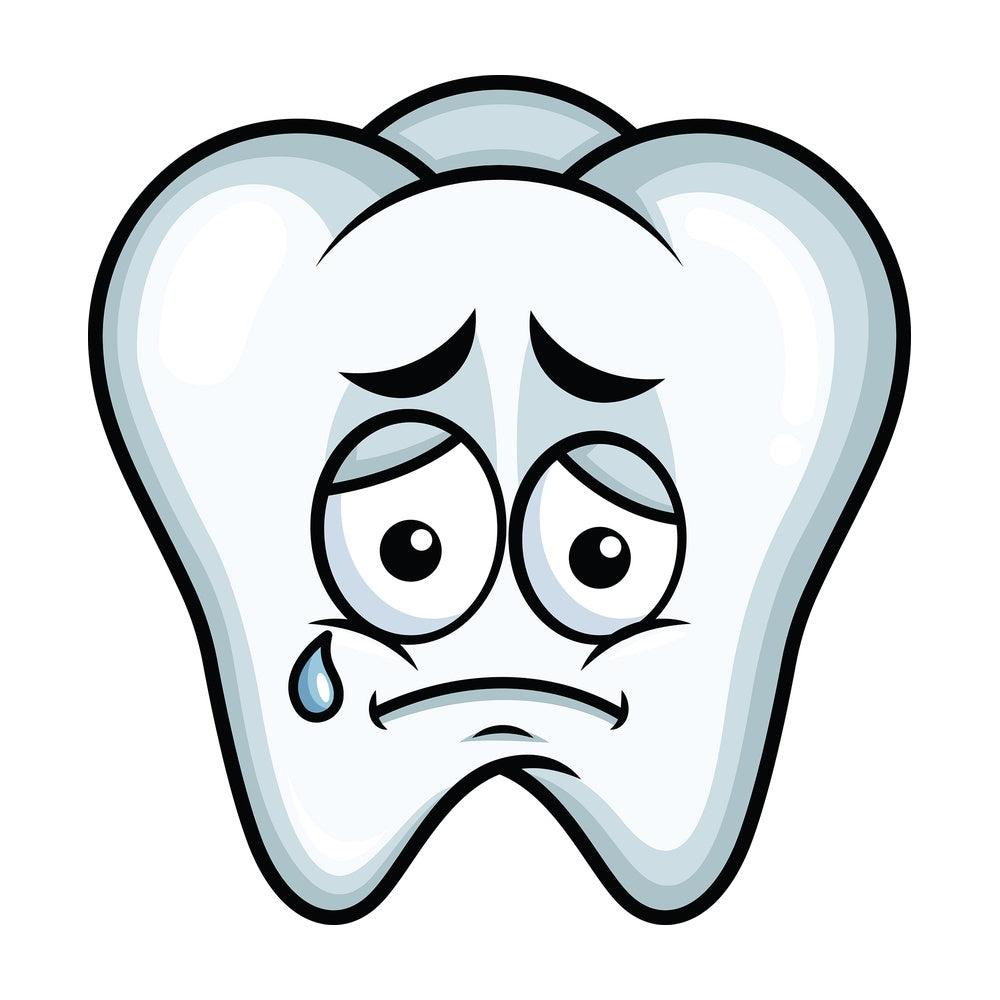 Teared up sad tooth emoticon. PNG - JPG and vector EPS file formats (infinitely scalable). Image isolated on transparent background.