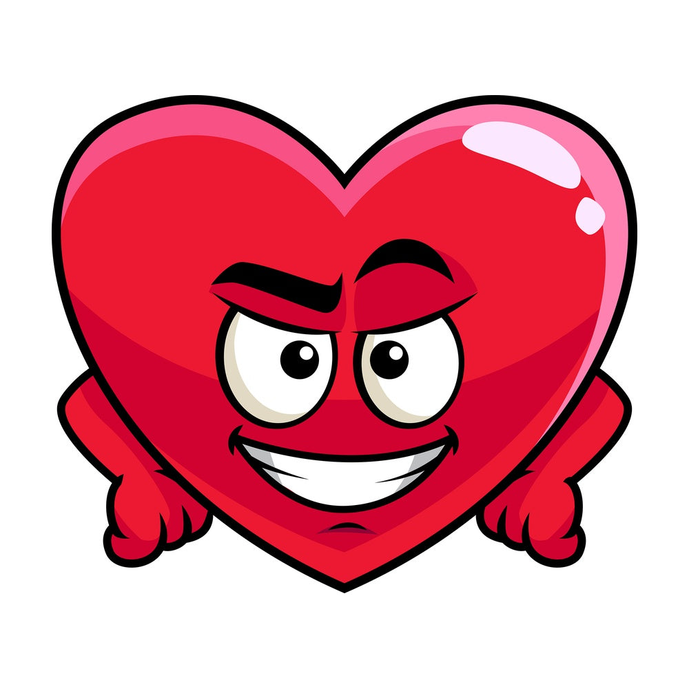 Cunning evil face heart emoticon. PNG - JPG and vector EPS file formats (infinitely scalable). Image isolated on transparent background.
