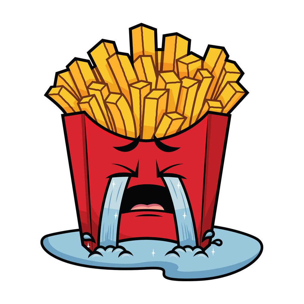 Crying with wailing tears french fries emoticon. PNG - JPG and vector EPS file formats (infinitely scalable). Image isolated on transparent background.