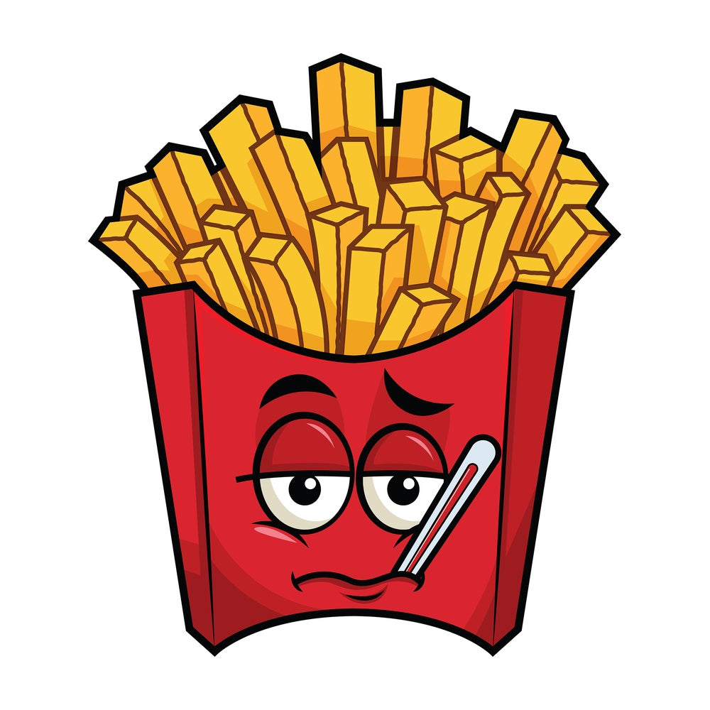 Feverish sick french fries emoticon. PNG - JPG and vector EPS file formats (infinitely scalable). Image isolated on transparent background.