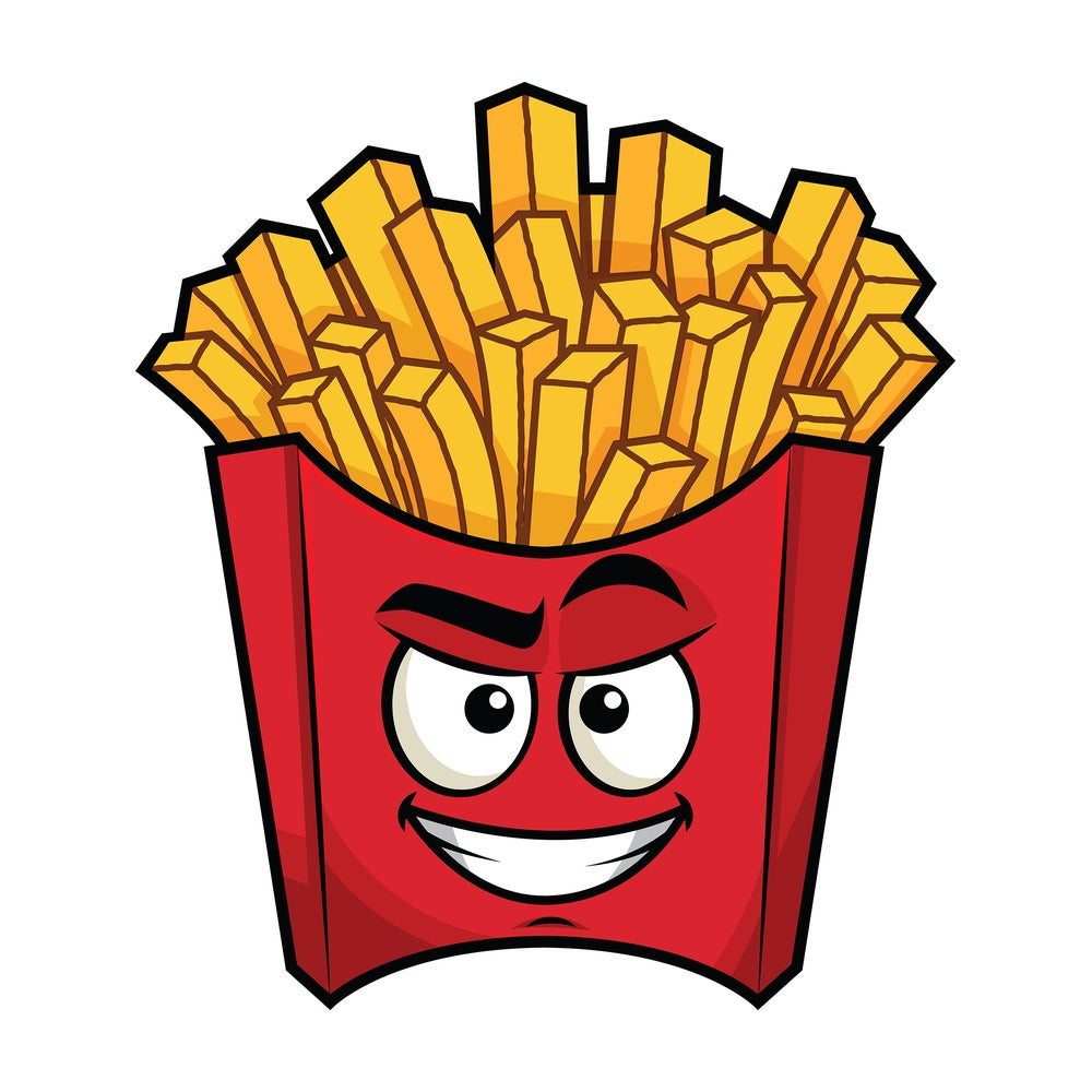 Cunning evil face fries emoticon. PNG - JPG and vector EPS file formats (infinitely scalable). Image isolated on transparent background.