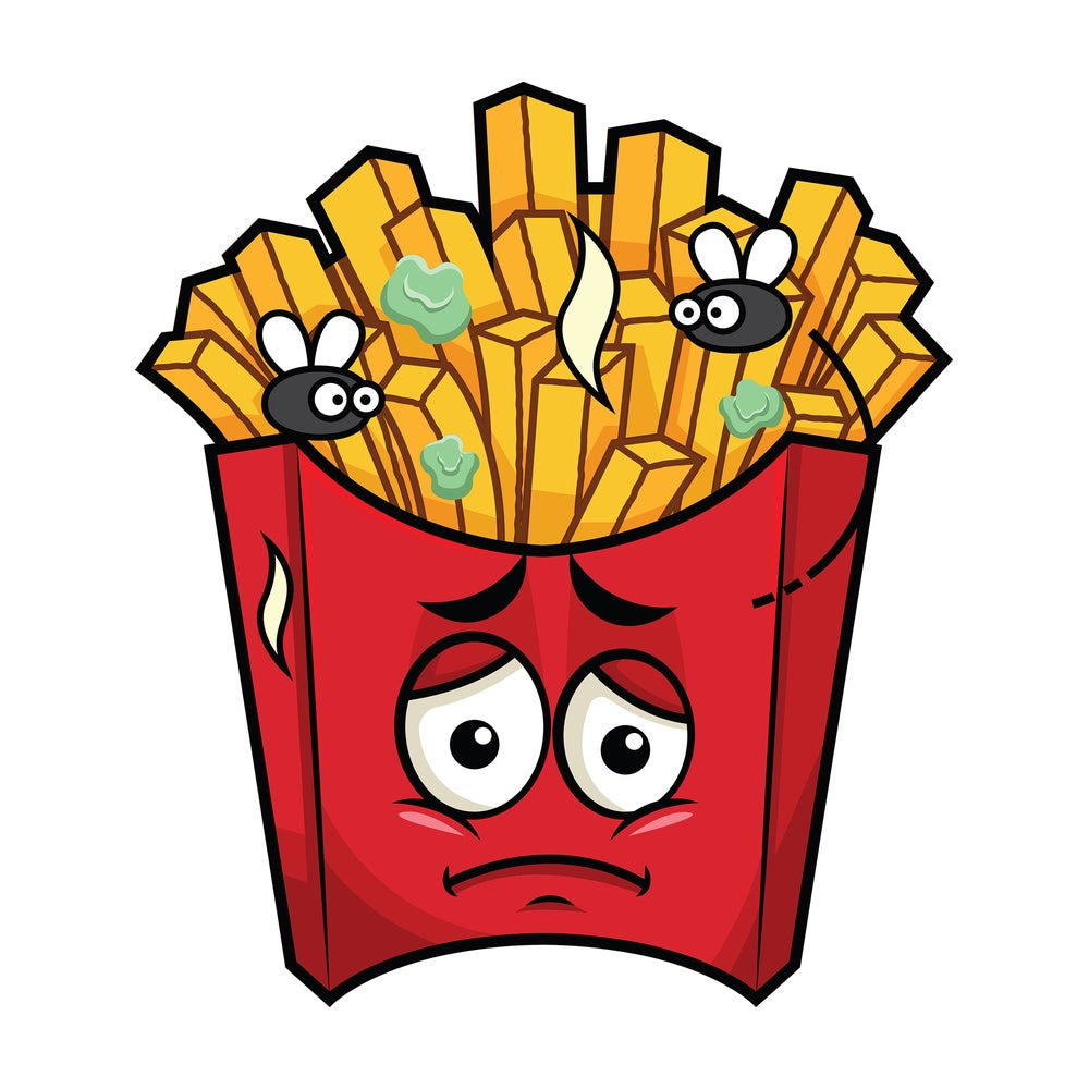Stinky french fries going bad emoticon. PNG - JPG and vector EPS file formats (infinitely scalable). Image isolated on transparent background.