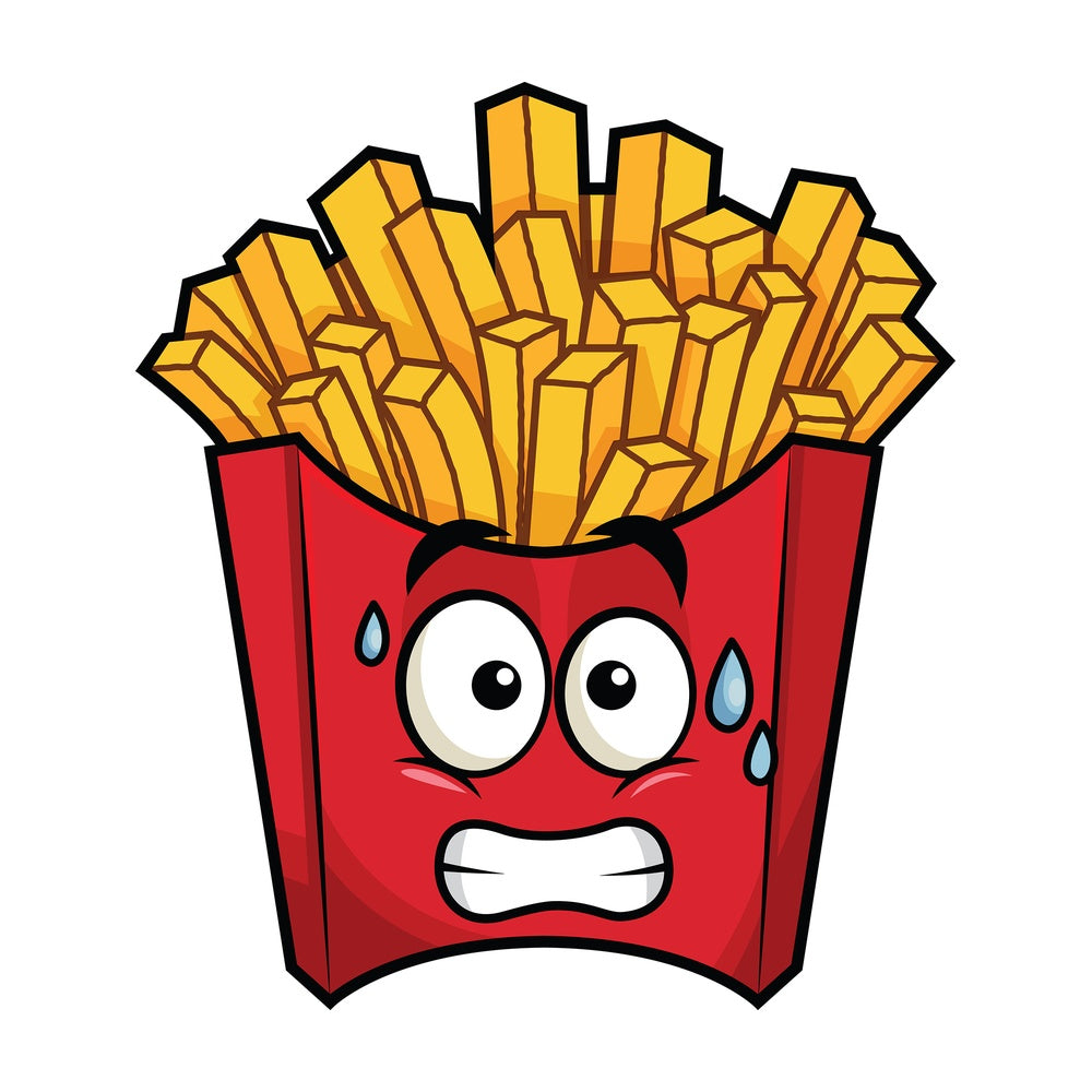 Sweating french fries emoticon. PNG - JPG and vector EPS file formats (infinitely scalable). Image isolated on transparent background.