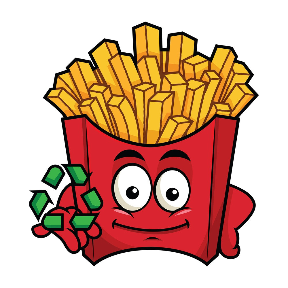 Fries emoticon with recycle icon. PNG - JPG and vector EPS file formats (infinitely scalable). Image isolated on transparent background.