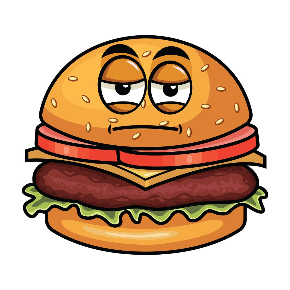 Heavy eyes hamburger emoticon. PNG - JPG and vector EPS file formats (infinitely scalable). Image isolated on transparent background.