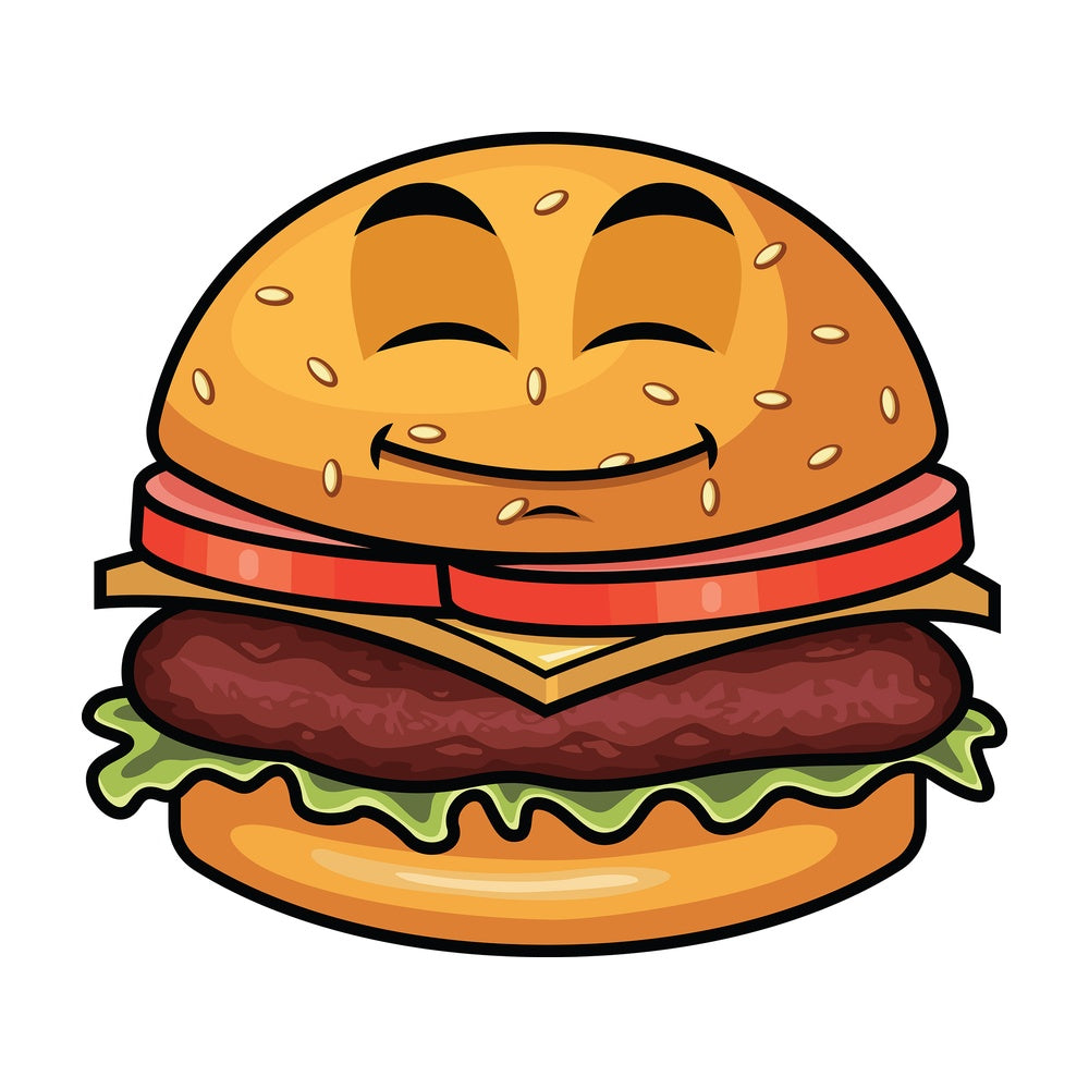 Happy looking hamburger emoticon. PNG - JPG and vector EPS file formats (infinitely scalable). Image isolated on transparent background.