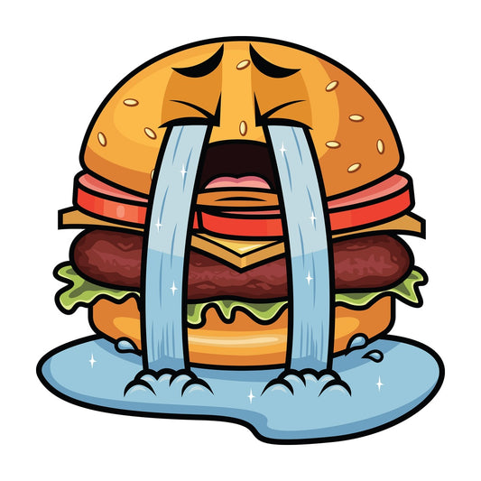 Crying with wailing tears hamburger emoticon. PNG - JPG and vector EPS file formats (infinitely scalable). Image isolated on transparent background.