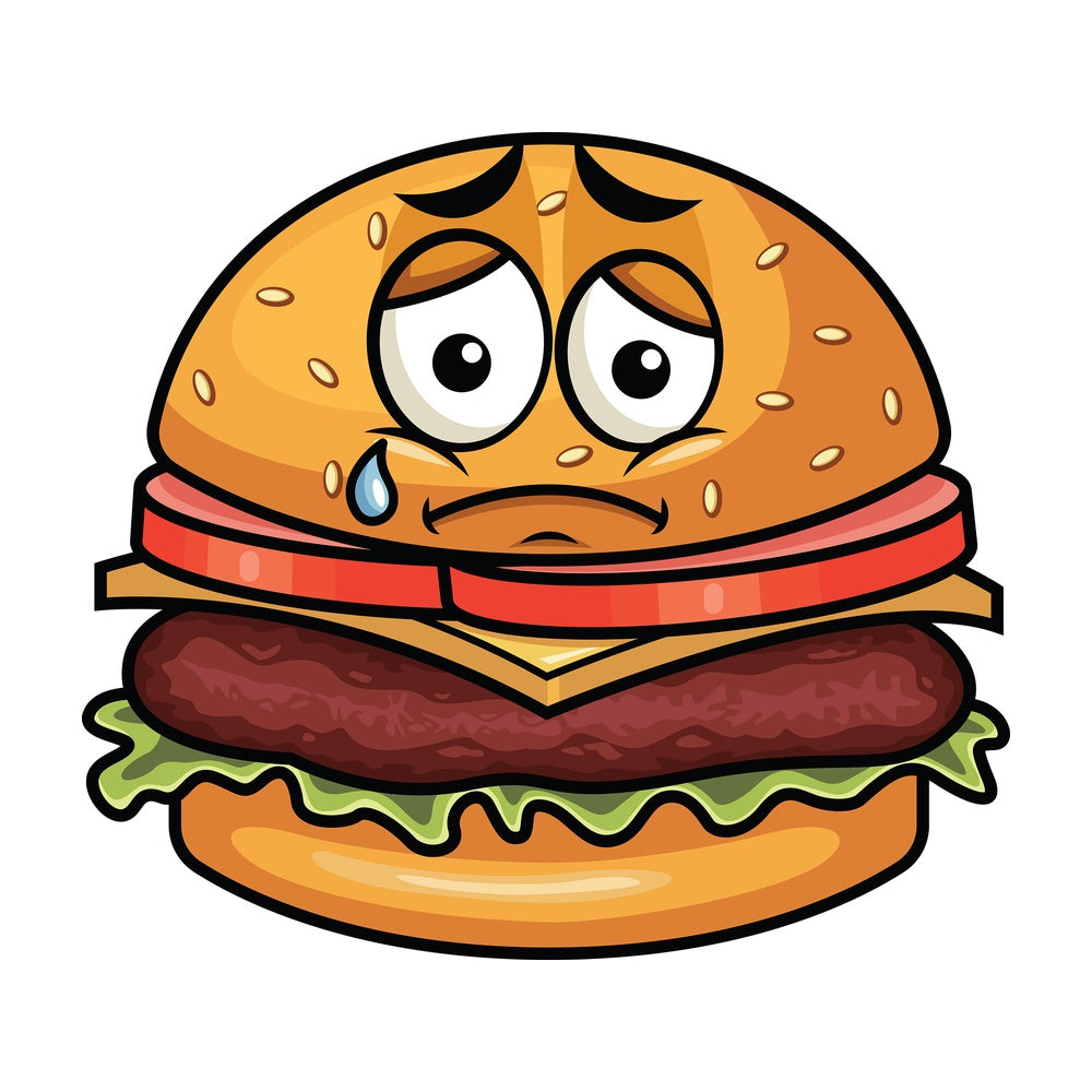 Teared up sad hamburger emoticon. PNG - JPG and vector EPS file formats (infinitely scalable). Image isolated on transparent background.