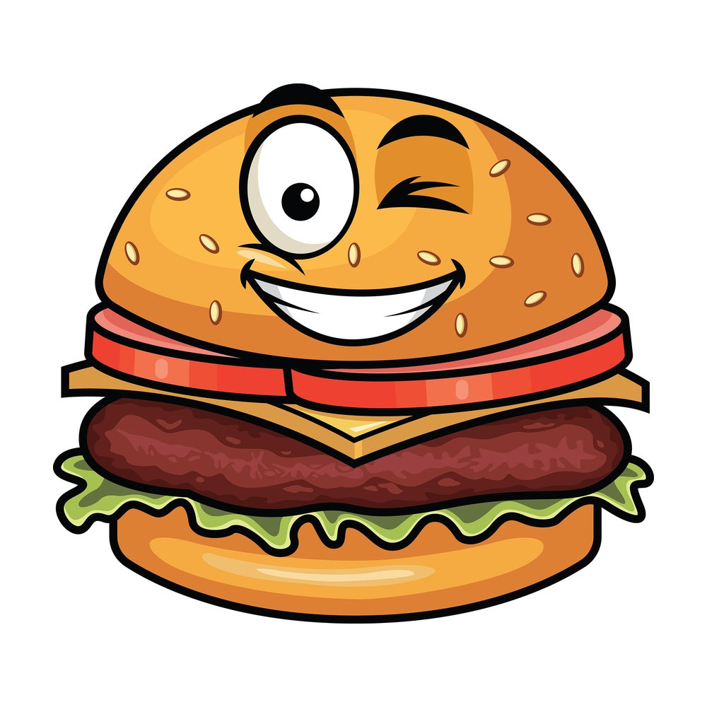 Winking and smiling hamburger emoticon. PNG - JPG and vector EPS file formats (infinitely scalable). Image isolated on transparent background.